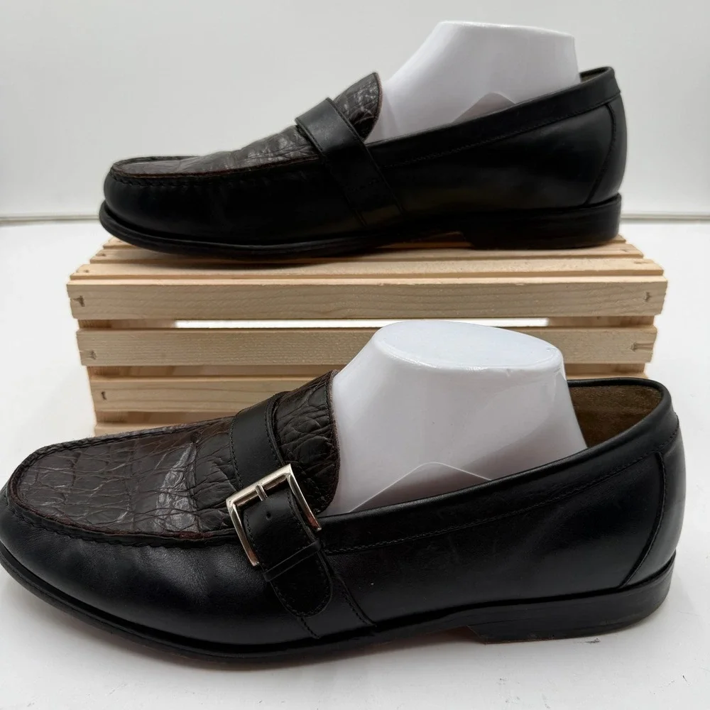 Johnston & Murphy Loafers Monk Strap Crocodile Embossed Black Brown Mens 10W